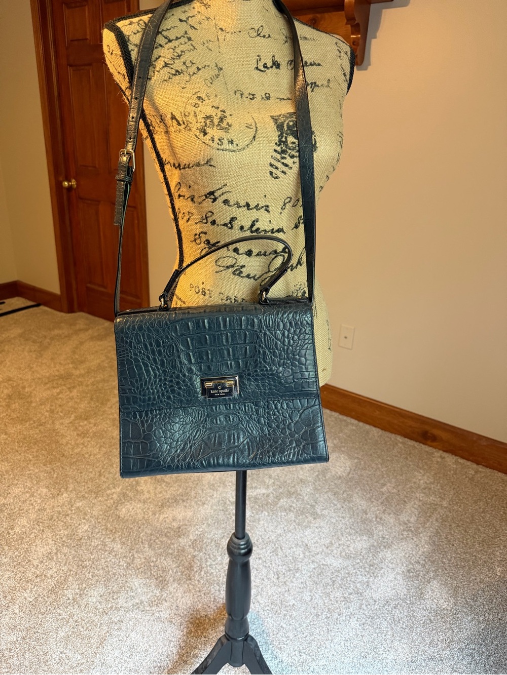 kate spade navy croc-embossed satchel with gold hardware